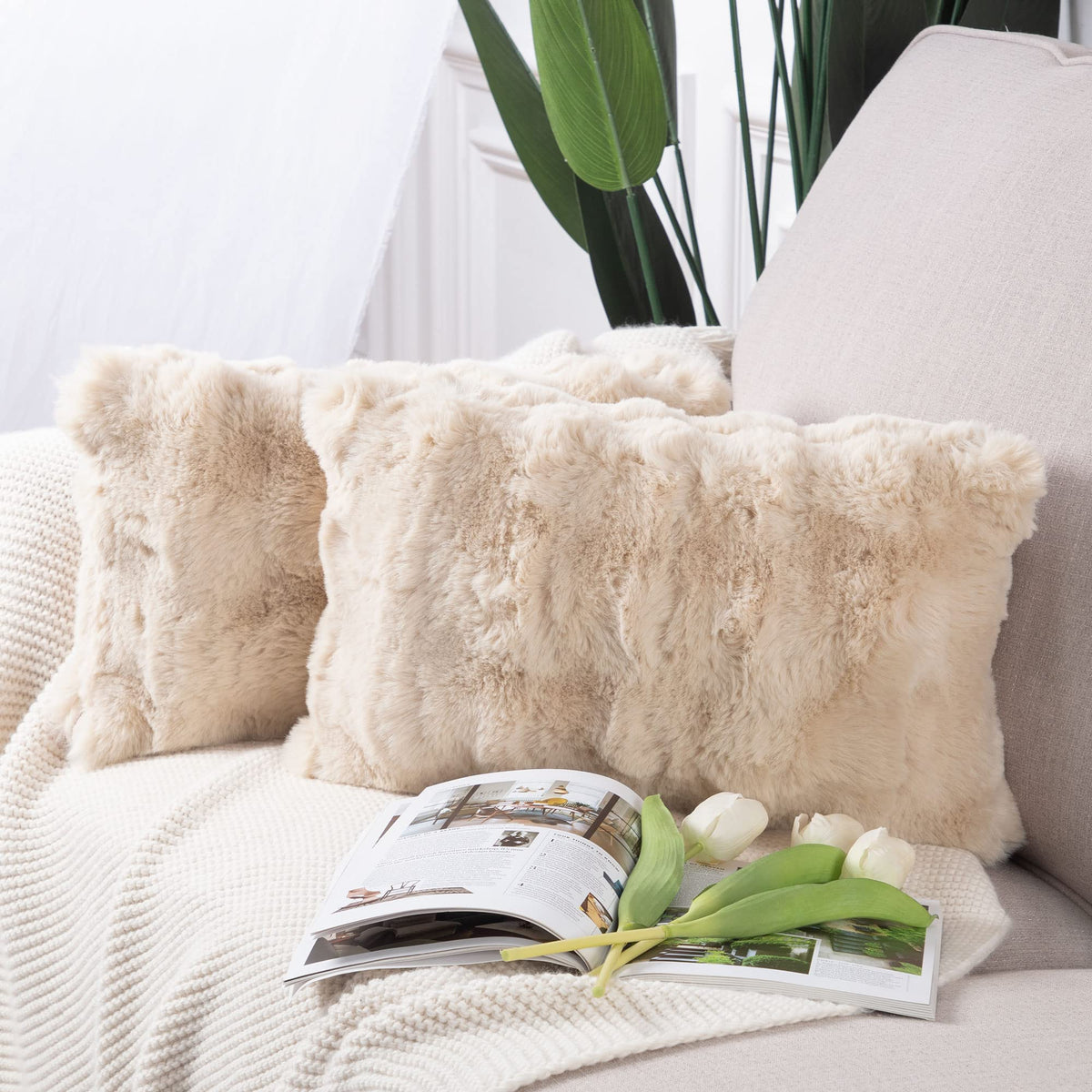 MADIZZ Pack of 2 Thick Plush Faux Wool Throw Pillow Covers Soft Boho Throw Pillows Luxurious Cushion Covers for Couch Sofa Bedroom Living Room Home Decor 18x18 Inch Cream