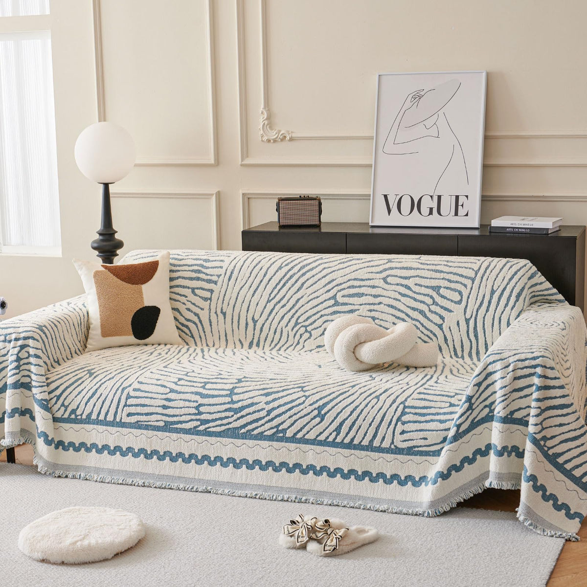 ROOMLIFE Thicked Striped Couch Cover with Tassel Blue Chenille Sofa Cover Blanket for Sectional Sofa, Soft Sofa Slipcovers for L Shaped Love Seat 2-3 Cushion Couch Anti Slip Sofa Protector, 71"x118"