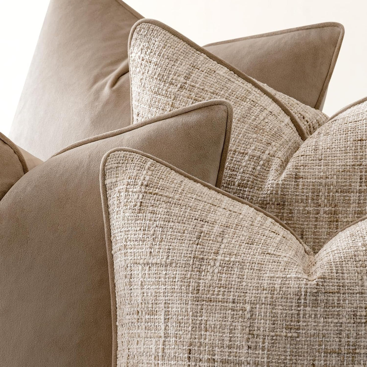 a moment Khaki 4 Pack Throw Pillow Covers - Chenille & Velvet Set with Piping, Farmhouse Textured Design Cushion Cases for Couch Sofa Bed (18x18 Inch, No Insert)