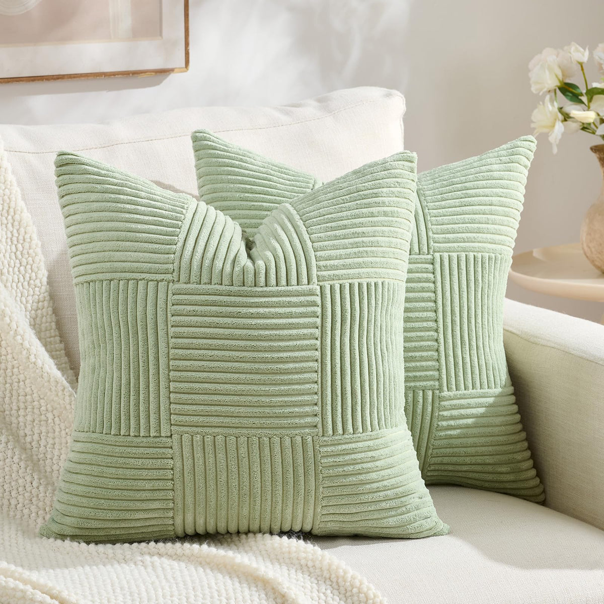 Fancy Homi Set of 2 Dark Gray Boho Decorative Throw Pillow Covers 18x18 Inch for Living Room Bedroom Couch Bed Sofa, Modern Farmhouse Home Decor, Soft Striped Plaid Corduroy Accent Cushion Case