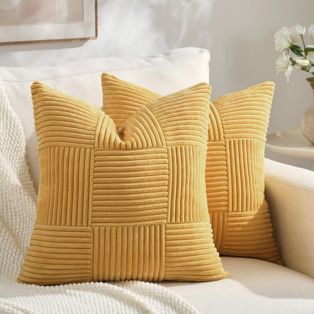 Fancy Homi Set of 2 Dark Gray Boho Decorative Throw Pillow Covers 18x18 Inch for Living Room Bedroom Couch Bed Sofa, Modern Farmhouse Home Decor, Soft Striped Plaid Corduroy Accent Cushion Case