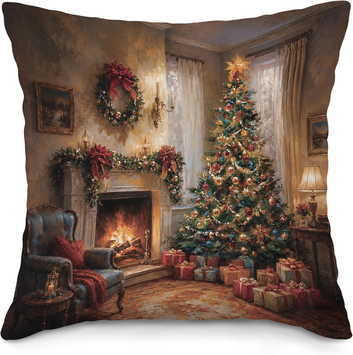 Vintage Christmas Tree Fireplace Throw Pillow Covers