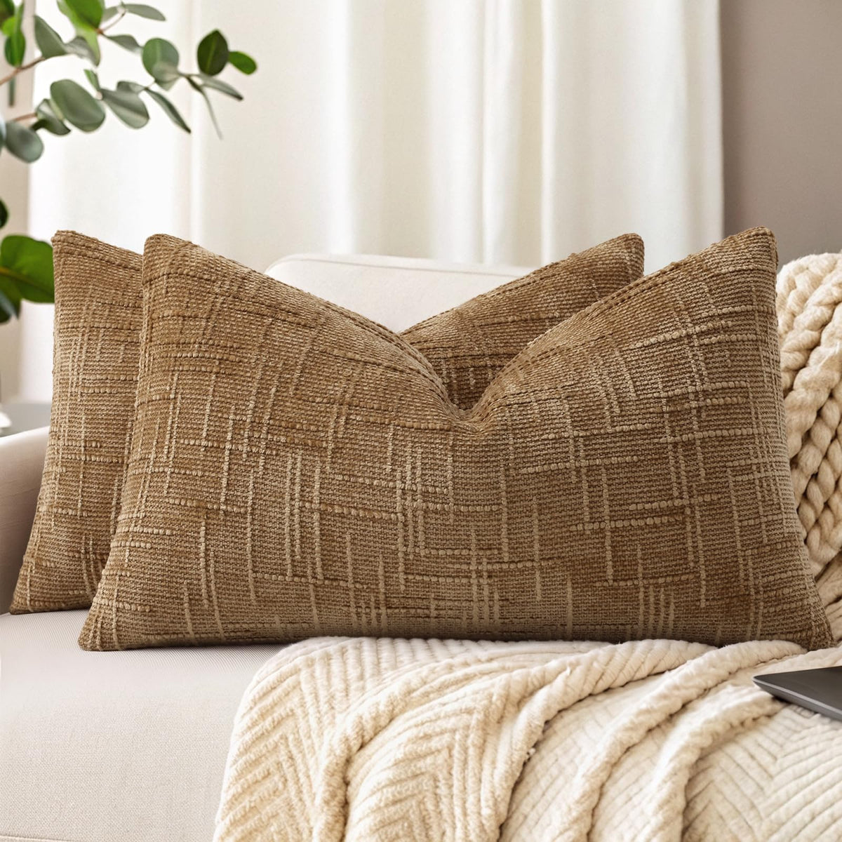 decorUhome Textured Chenille Throw Pillow Covers 18x18 Set of 2 Cream White