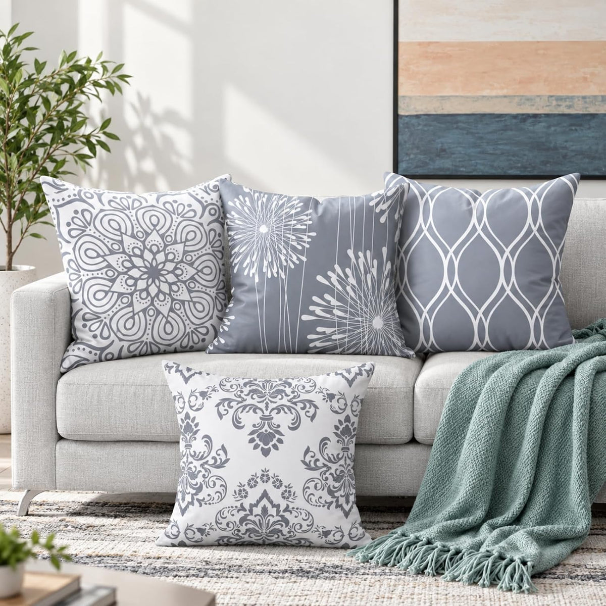 Coliuso Decorative Throw Pillow Covers 18x18 Set of 4, Grey and White Modern Simple Square Pillow Case Cushion Cover for Sofa Couch Farmhouse Outdoor Living Room (Gray and White, 18" x18")