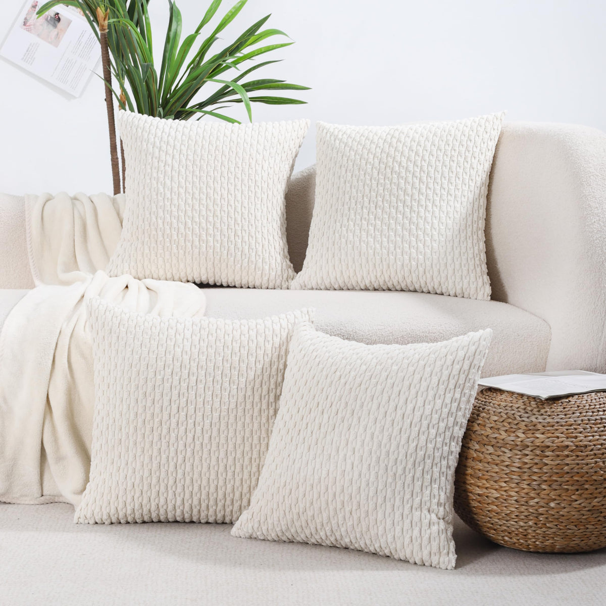 VAKADO Couch Throw Pillow Covers 18x18 Set of 4 Decorative Neutral Corduroy Boho Rustic Farmhouse Cushion Case Square for Home Decor Sofa Living Room Bed
