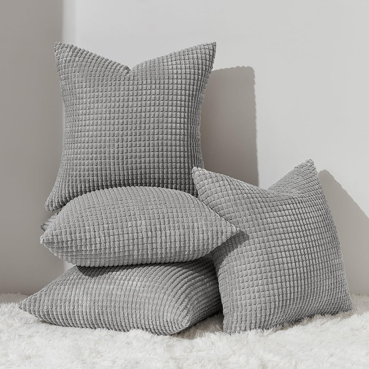 Topfinel Boho SageGreen Throw Pillow Covers for Couch Living Room,Summer Green Cushion Covers Room Decorative Fluffy Corduroy,Nordic Cushion Cover 18x18 Inch Set of 4 (Green/LightGreen/OliveGreen)