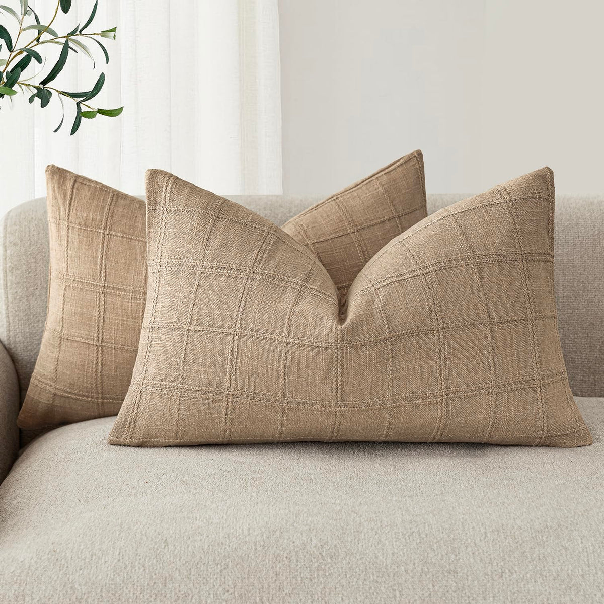 Foindtower Linen Check Decorative Throw Pillow Covers 18×18 Natural Beige