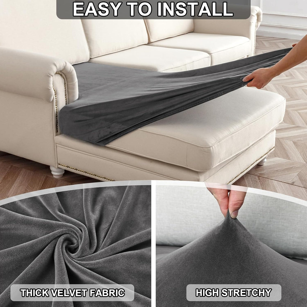 NAISI Waterproof Couch Cushion Covers Thick Velvet Fabric Washable Sofa Slipcovers Sectional Couch Covers for 4 Pieces Separate L Shape Couch Cover with Elastic Bottom(3 Seater + 1 Chaise,Grey)