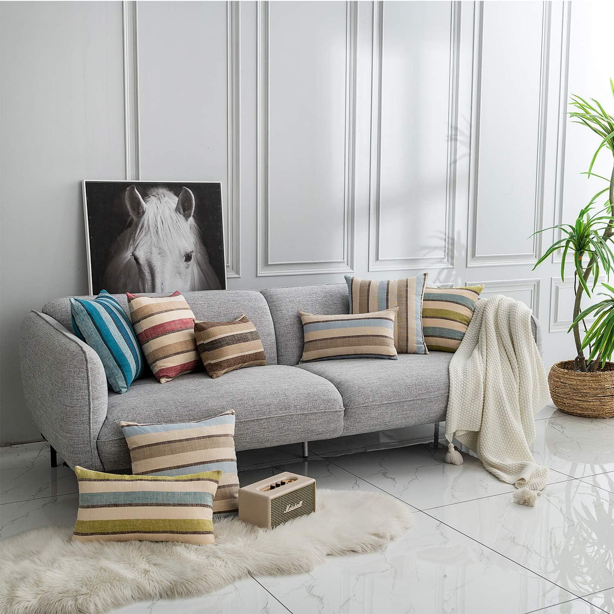 2 Pieces Decorative Classic Retro Stripe Throw Pillow Cover Soft Faux Linen Modern Farmhouse Lumbar Cushion Case for Sofa Bedroom Car 12 x 20 Inch Grey Blue Mixed