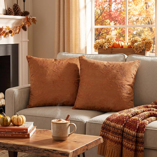 AVOIN colorlife Caramel Jacquard Decorative Throw Pillow Covers Set of 2, 18 x 18 Inch Laurel Leaves Woven Textured Cushion Case Home Decor for Couch Sofa Bed