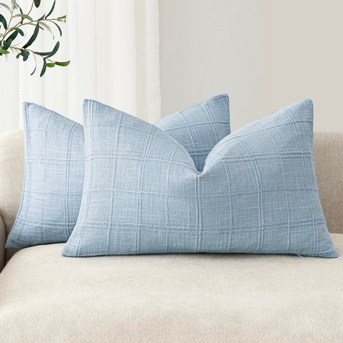 Foindtower Linen Check Decorative Throw Pillow Covers 18×18 Natural Beige