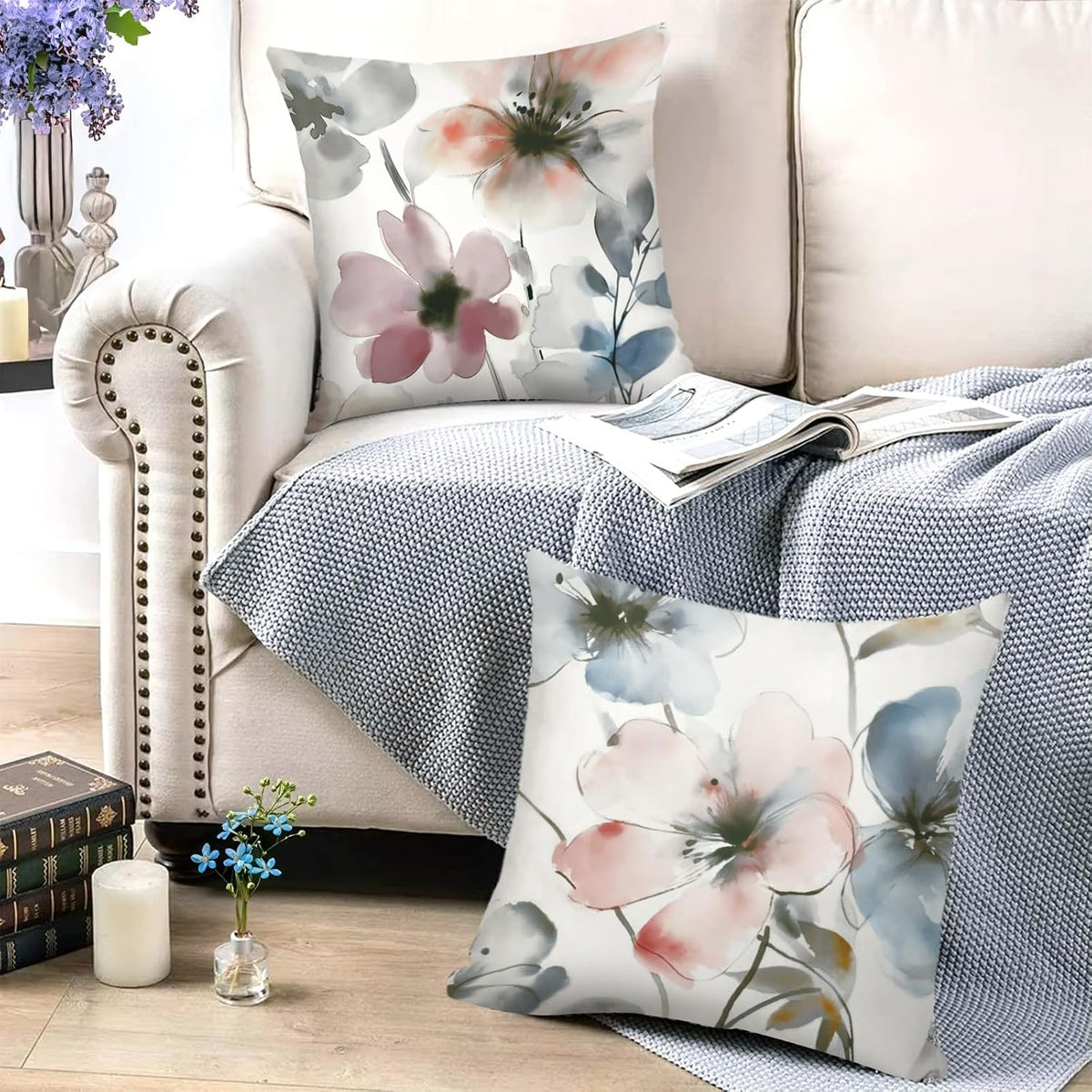 18x18 Set of 4 Watercolor Flower Throw Pillow Cushion Covers