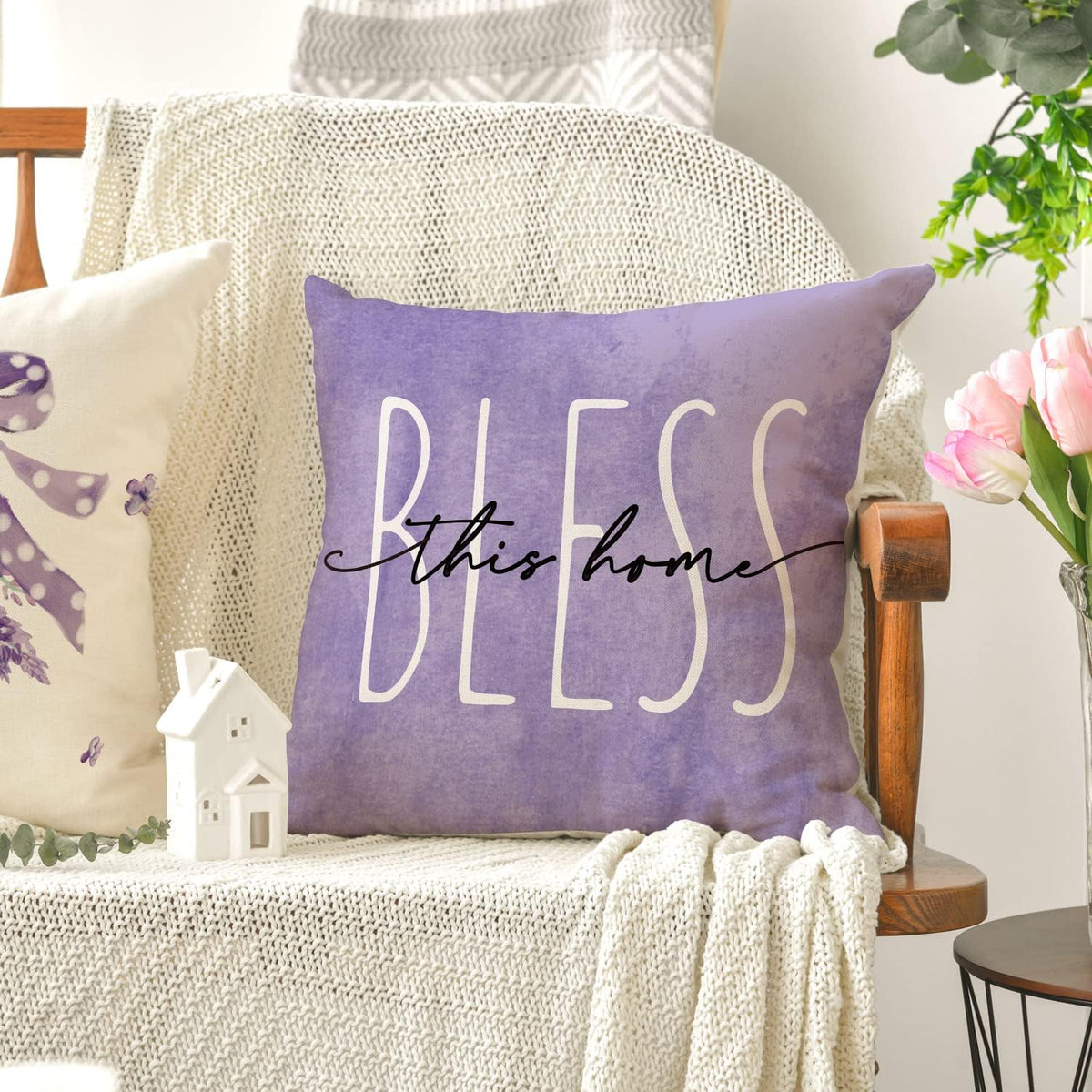 AVOIN colorlife Lavender Bless This Home Sweet Home Spring Throw Pillow Covers, 20 x 20 Inch Purple Cushion Case for Sofa Couch Set of 4
