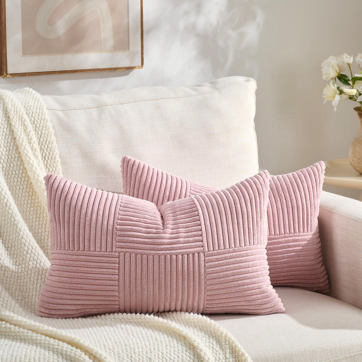 Fancy Homi Set of 2 Dark Gray Boho Decorative Throw Pillow Covers 18x18 Inch for Living Room Bedroom Couch Bed Sofa, Modern Farmhouse Home Decor, Soft Striped Plaid Corduroy Accent Cushion Case