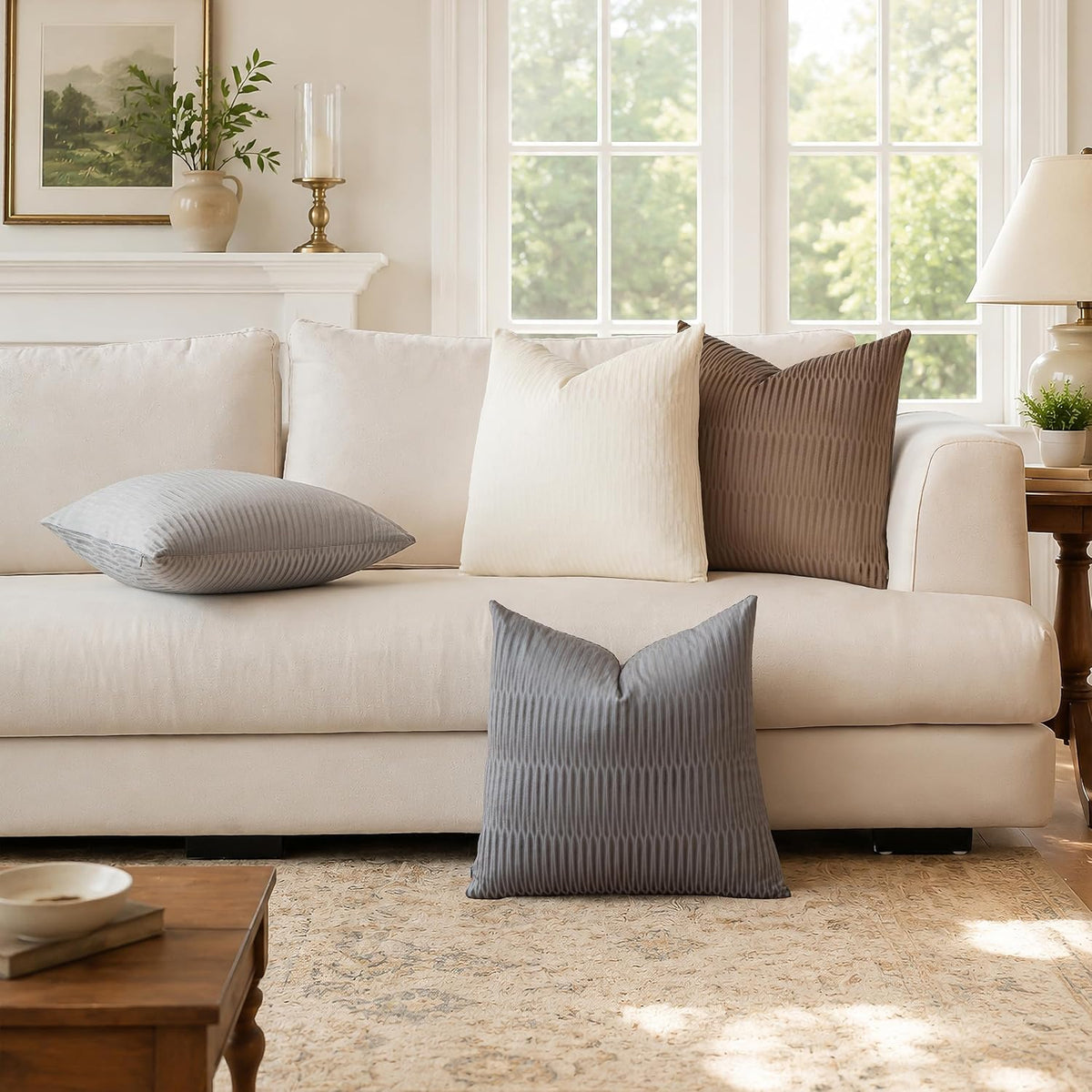 Embossed Velvet Pillow Covers 18x18 Set of 4, Neutral Brown Grey Cream Soft Decorative Throw Pillow Covers, Luxury Textured Cushion Covers for Couch Sofa Bed, Neutral Home Decor