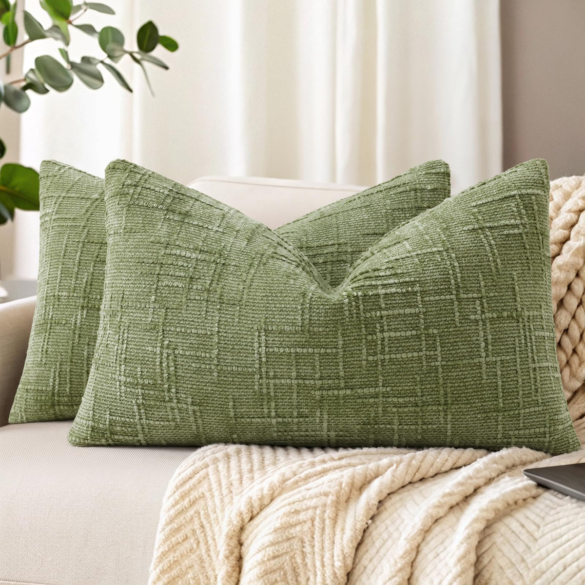 decorUhome Textured Chenille Throw Pillow Covers 18x18 Set of 2 Cream White