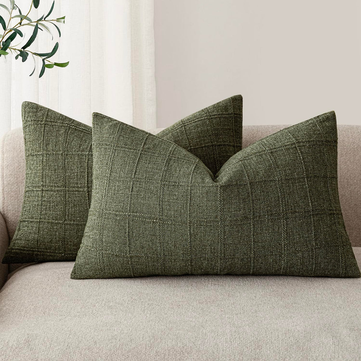 Foindtower Linen Check Decorative Throw Pillow Covers 18×18 Natural Beige