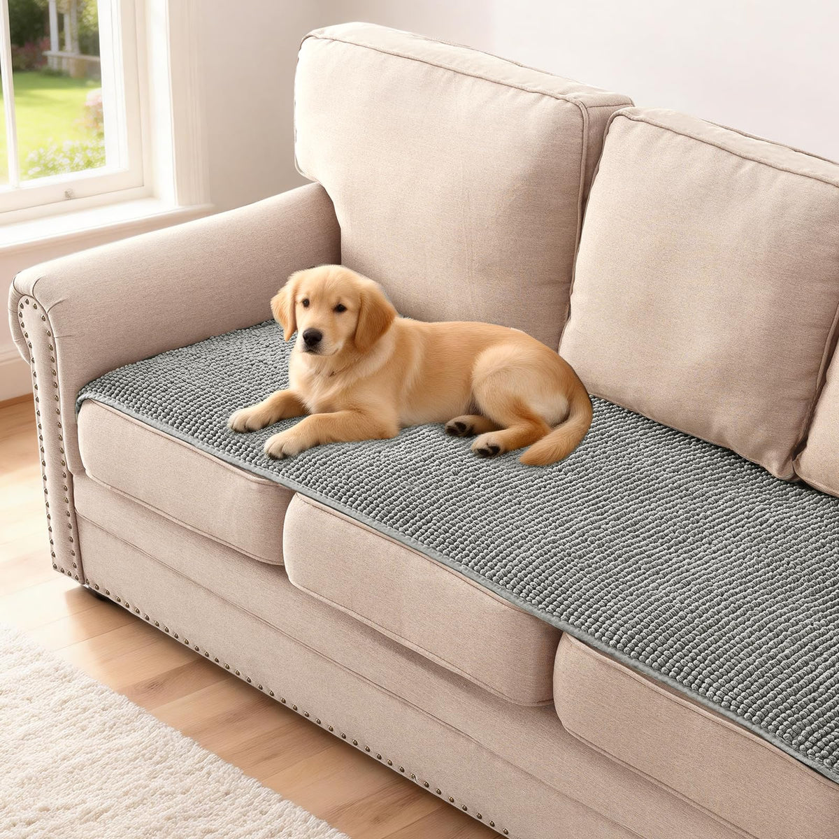 H.VERSAILTEX Plush Chenille Pet Couch Covers for Sofa Thick Soft Sofa Cover for 3 Cushion Couch Anti Slip Couch Cover Furniture Protector for Dog, Pet, Cat (35" x 74", Grey)