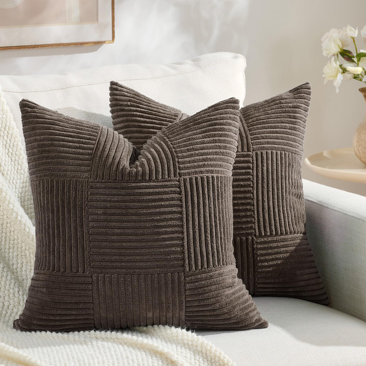 Fancy Homi Set of 2 Dark Gray Boho Decorative Throw Pillow Covers 18x18 Inch for Living Room Bedroom Couch Bed Sofa, Modern Farmhouse Home Decor, Soft Striped Plaid Corduroy Accent Cushion Case