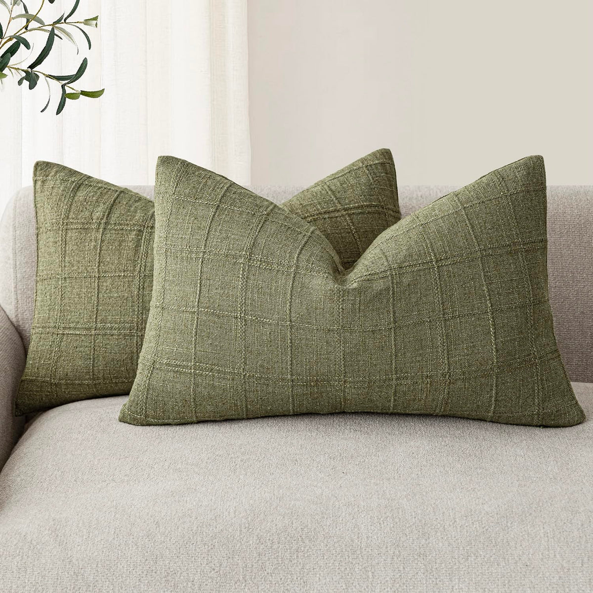 Foindtower Linen Check Decorative Throw Pillow Covers 18×18 Natural Beige