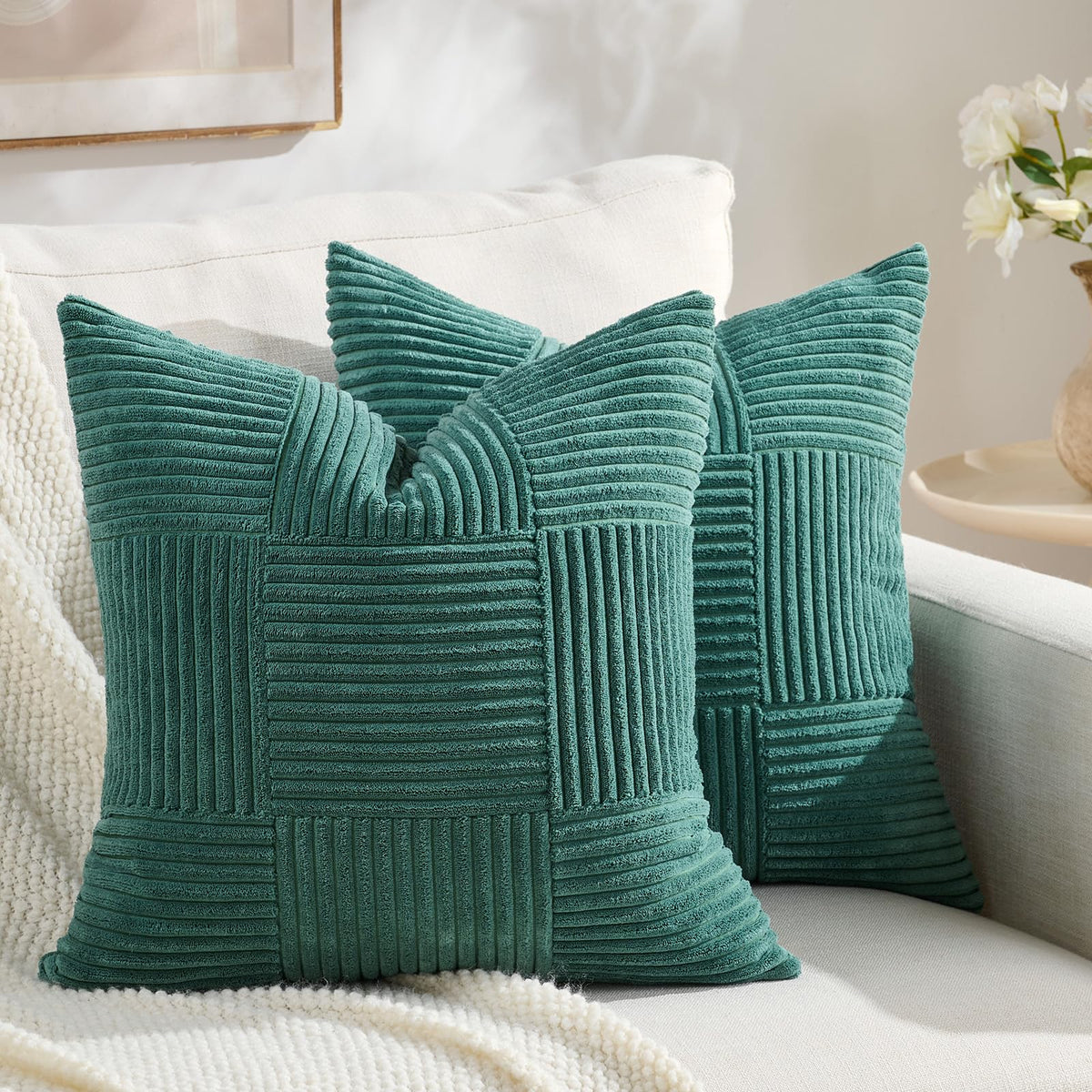 Fancy Homi Set of 2 Dark Gray Boho Decorative Throw Pillow Covers 18x18 Inch for Living Room Bedroom Couch Bed Sofa, Modern Farmhouse Home Decor, Soft Striped Plaid Corduroy Accent Cushion Case