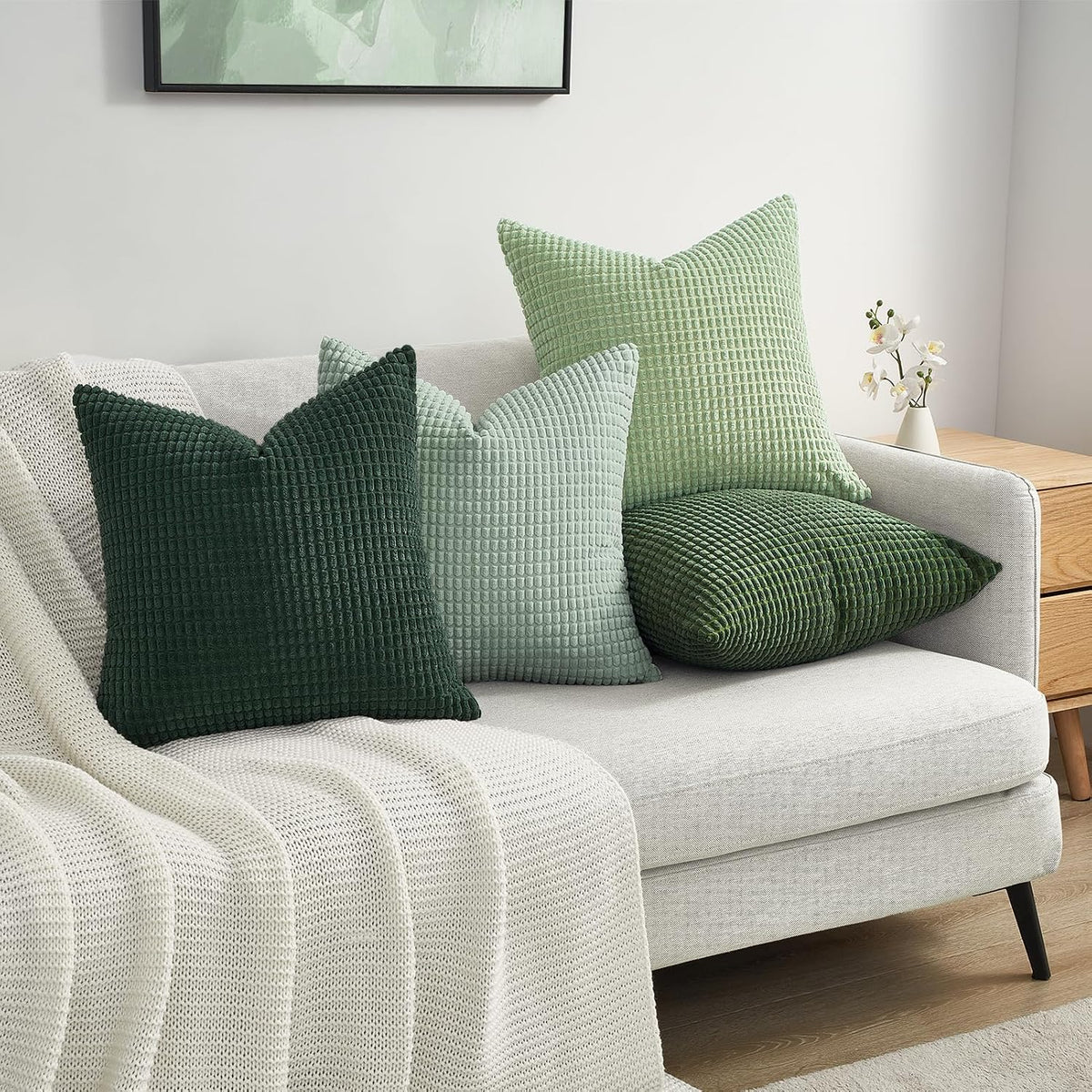 Topfinel Boho SageGreen Throw Pillow Covers for Couch Living Room,Summer Green Cushion Covers Room Decorative Fluffy Corduroy,Nordic Cushion Cover 18x18 Inch Set of 4 (Green/LightGreen/OliveGreen)