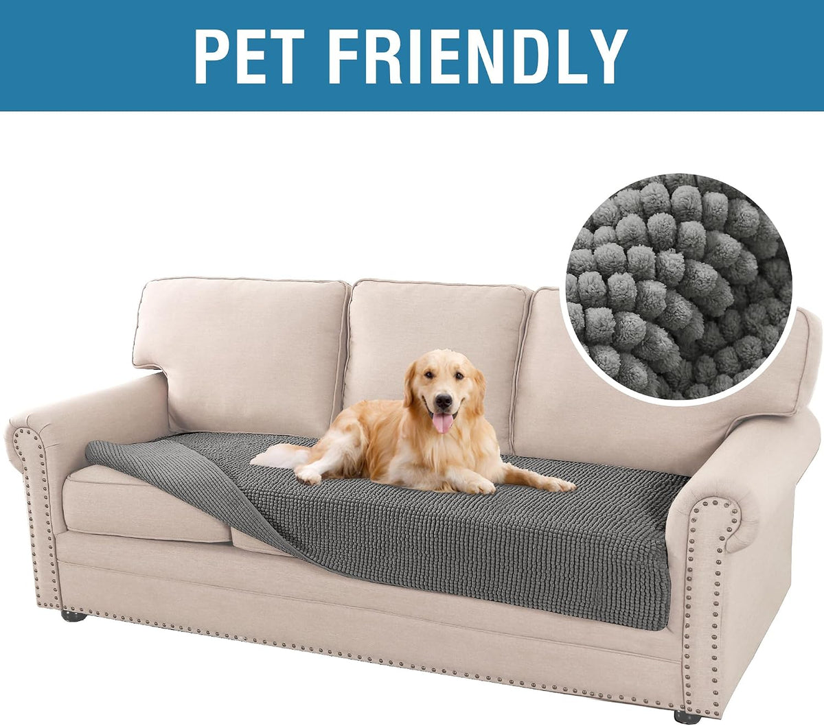 H.VERSAILTEX Plush Chenille Pet Couch Covers for Sofa Thick Soft Sofa Cover for 3 Cushion Couch Anti Slip Couch Cover Furniture Protector for Dog, Pet, Cat (35" x 74", Grey)