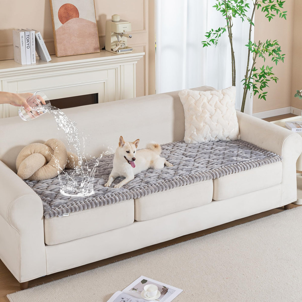 PuTian 100% Waterproof Fuzzy Couch Cover for Dogs White 27.6"x59"