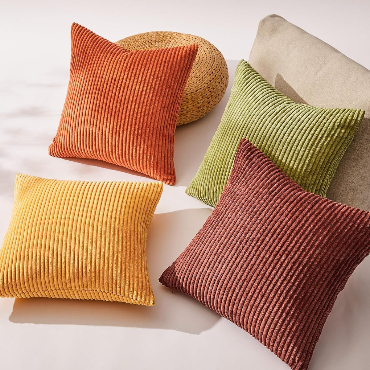 Topfinel Fall Burnt Orange Decorative Throw Pillows Covers 18x18 Inch Set of 4,Yellow Green Gradient Series Corduroy Striped Square Pillow Case,Western Modern Cushion Cover for Couch Sofa Bedroom