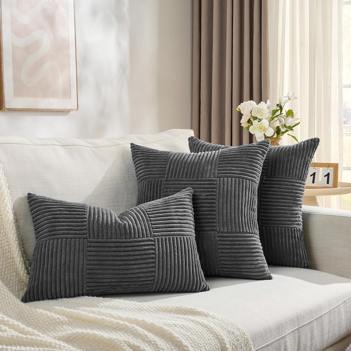 Fancy Homi Set of 2 Dark Gray Boho Decorative Throw Pillow Covers 18x18 Inch for Living Room Bedroom Couch Bed Sofa, Modern Farmhouse Home Decor, Soft Striped Plaid Corduroy Accent Cushion Case