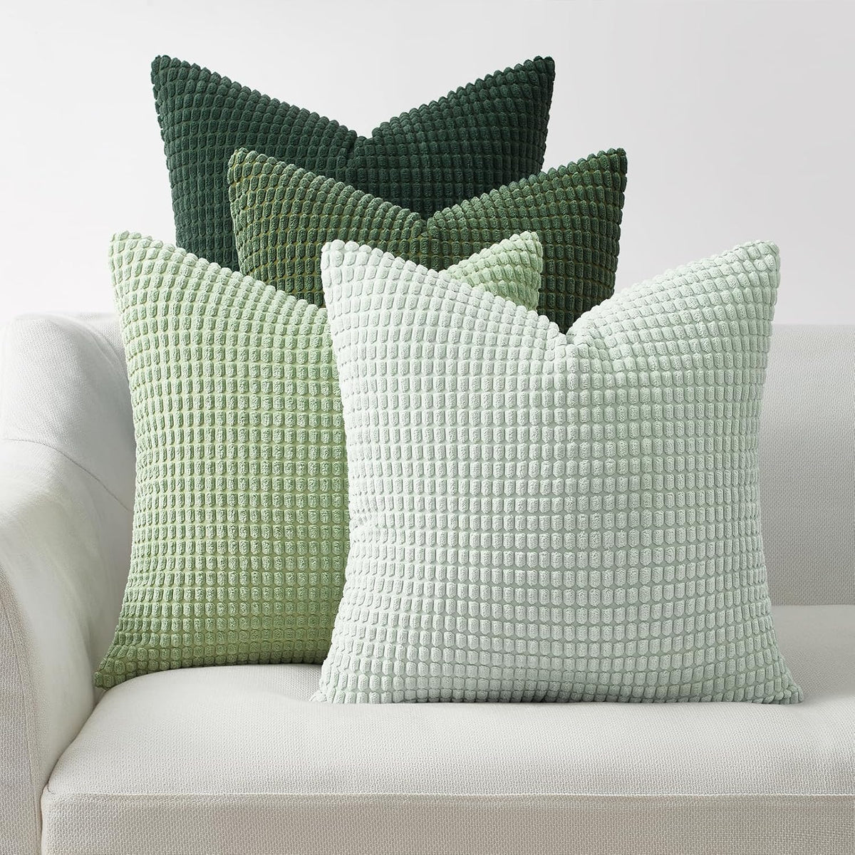 Topfinel Boho SageGreen Throw Pillow Covers for Couch Living Room,Summer Green Cushion Covers Room Decorative Fluffy Corduroy,Nordic Cushion Cover 18x18 Inch Set of 4 (Green/LightGreen/OliveGreen)