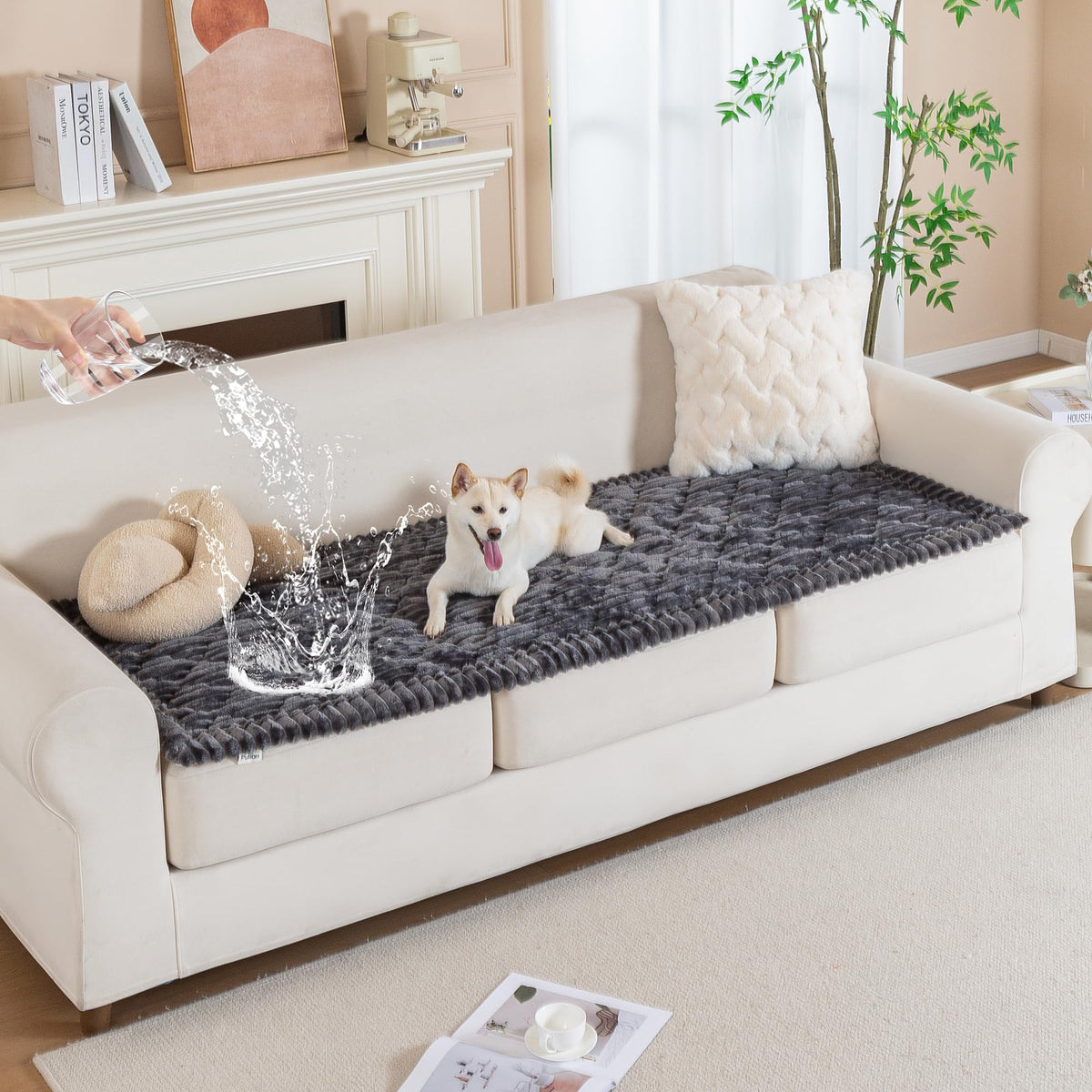 PuTian 100% Waterproof Fuzzy Couch Cover for Dogs White 27.6"x59"