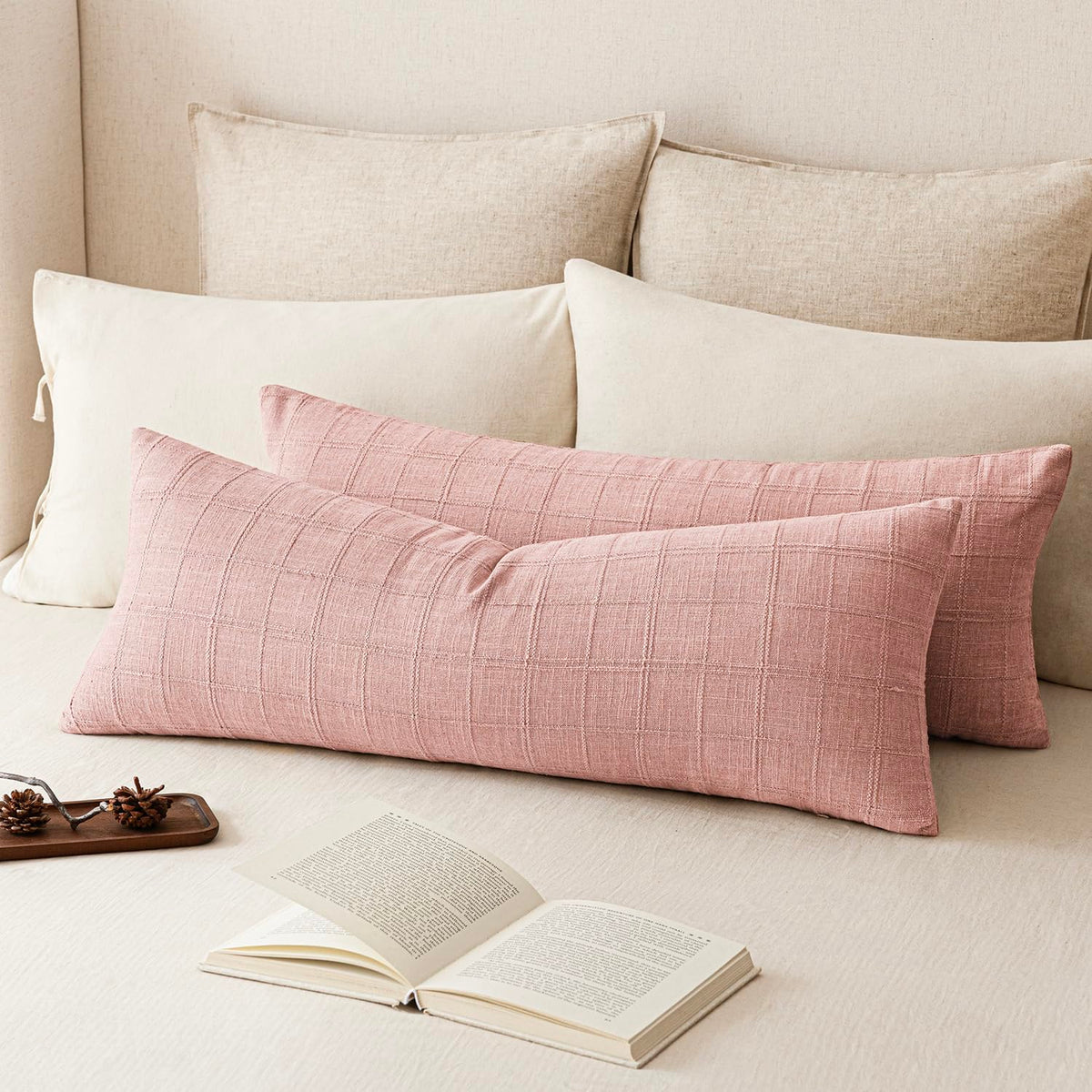 Foindtower Linen Check Decorative Throw Pillow Covers 18×18 Natural Beige