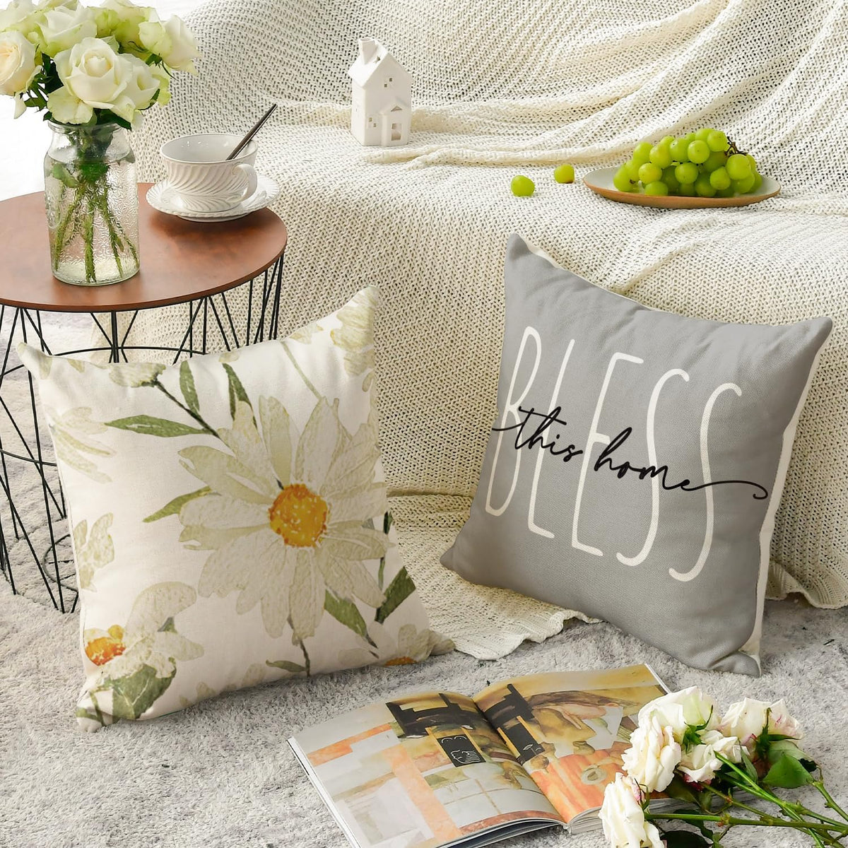 AVOIN colorlife Home Sweet Home Spring Summer Flowers Throw Pillow Covers, 18 x 18 Inch Grey Cushion Case for Sofa Couch Set of 4
