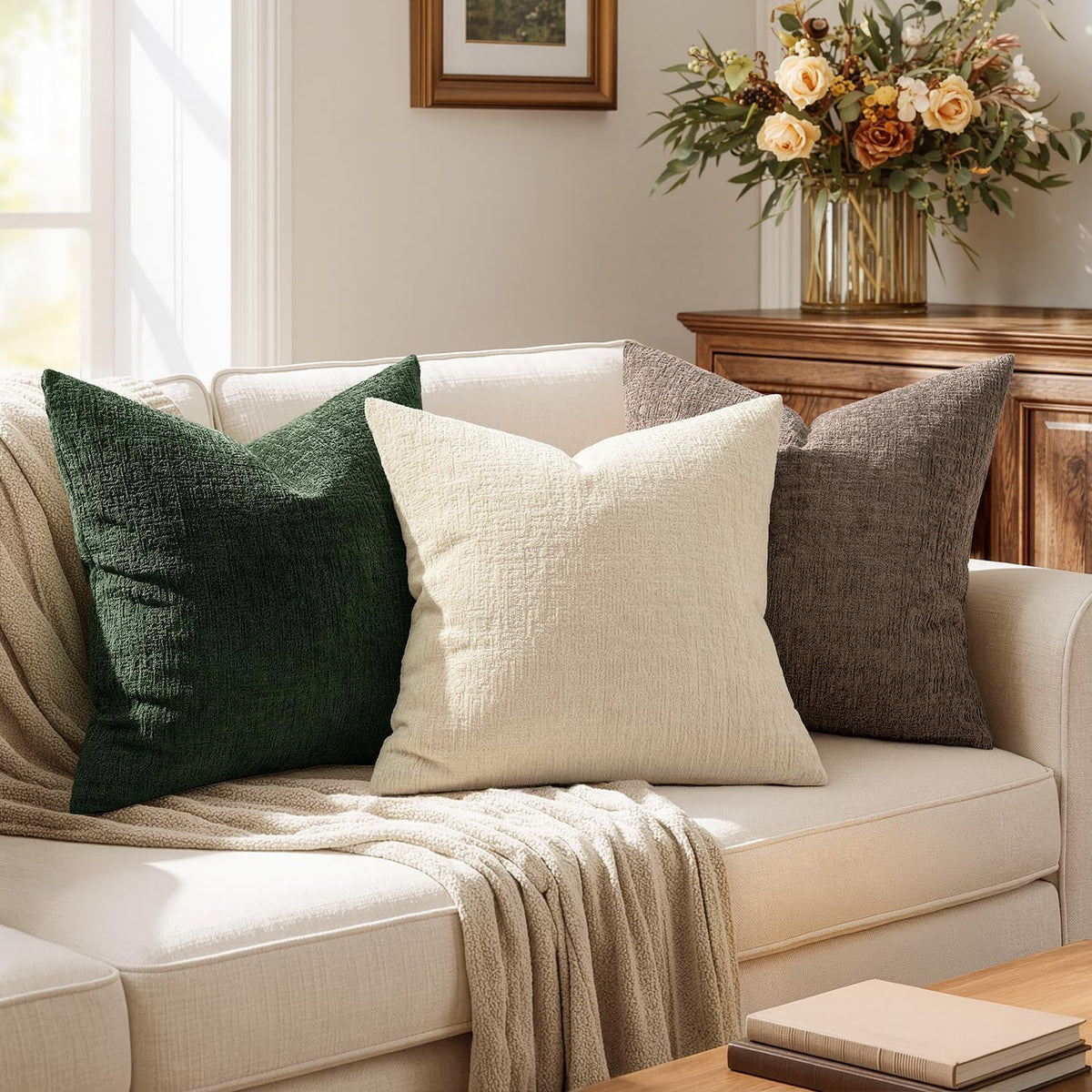 MIULEE Couch Pillow Covers Textured Chenille Home Decor 18x18 Beige