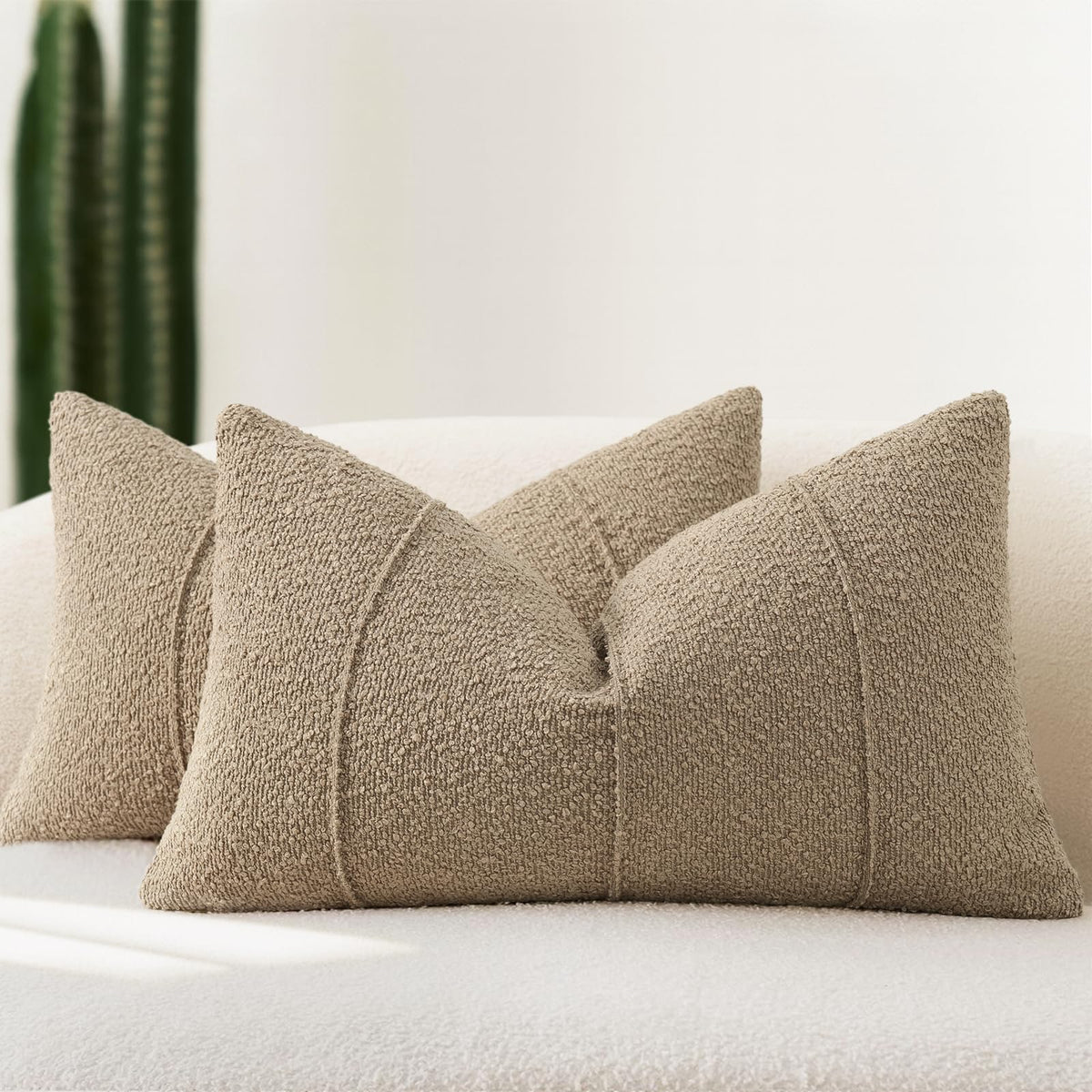 YCOLL Textured Boucle Throw Pillow Covers 20x20 Pack of 2 - Soft Neutral Striped Cushion Covers, Cozy Accent Decorative Pillow Covers for Couch, Sofa, Bed, Living Room (Beige)