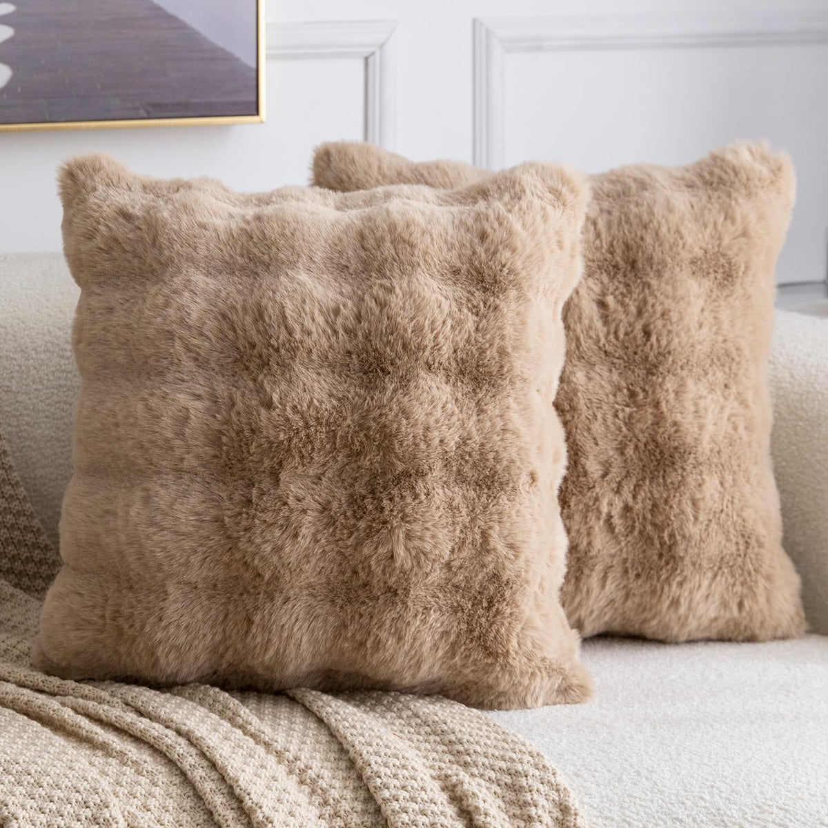 MADIZZ Pack of 2 Thick Plush Faux Wool Throw Pillow Covers Soft Boho Throw Pillows Luxurious Cushion Covers for Couch Sofa Bedroom Living Room Home Decor 18x18 Inch Cream