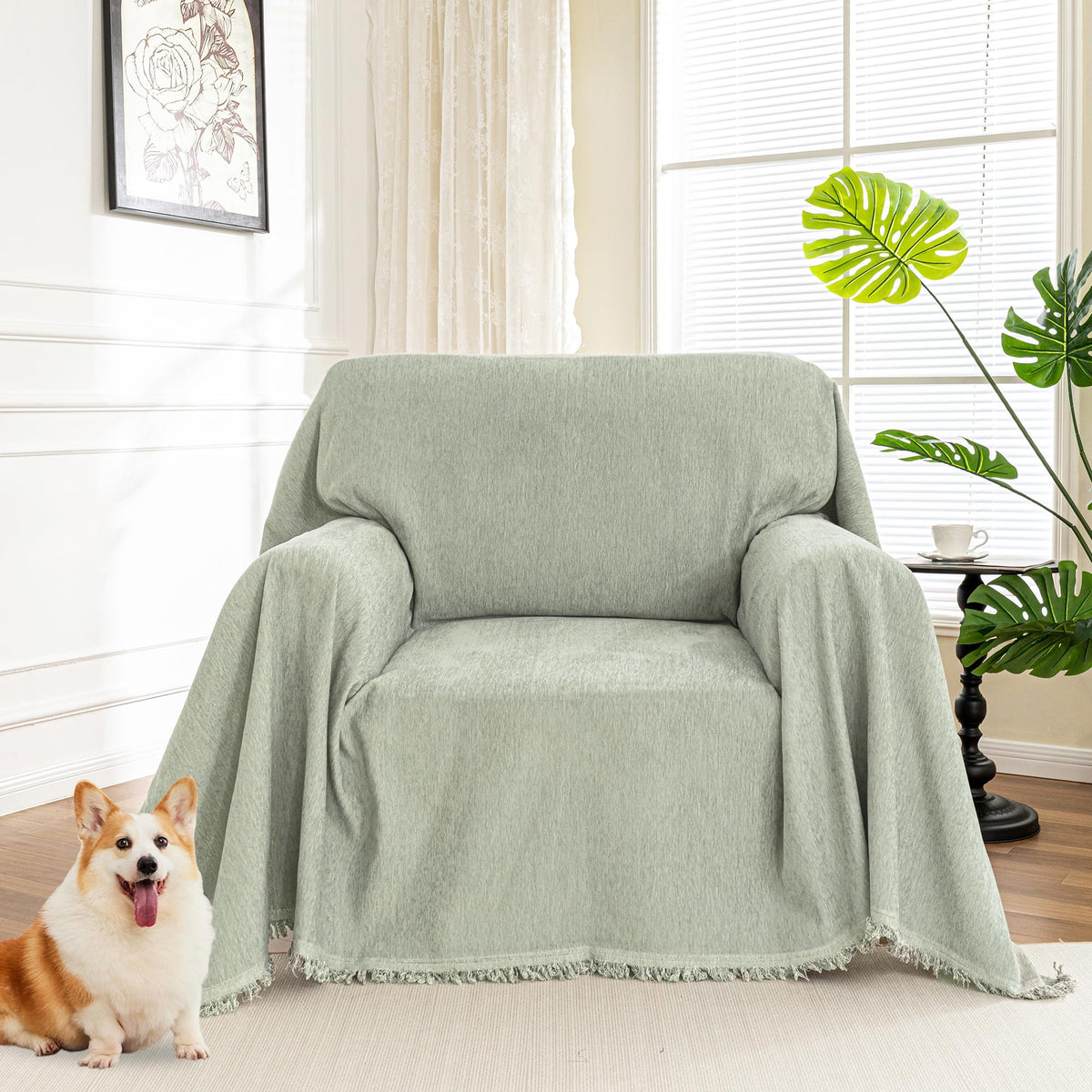 MYSKY HOME Couch Cover for Pets, Beige Couch Covers for 2 Cushion Couch Sofa, Sofa Slipcover Sectional L Shape Chenille Covers for Pets, Throw Couch for Dogs, Kids,71" X118"