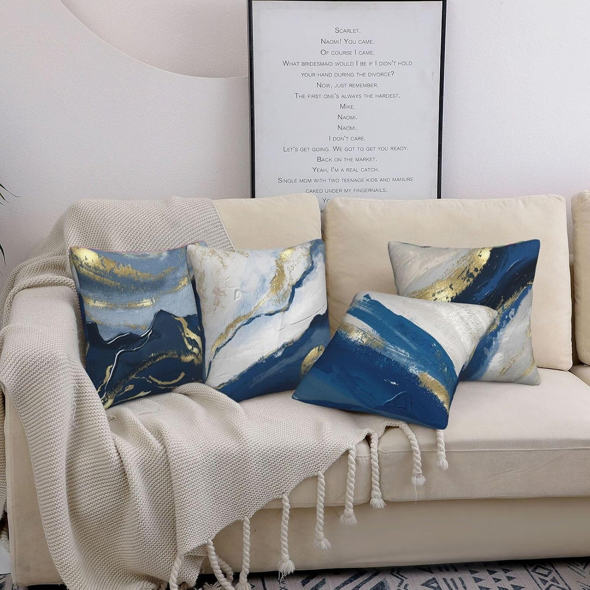 Set Of 4 Blue Abstract Painting Decorative Throw Pillow Covers 18x18 Inch