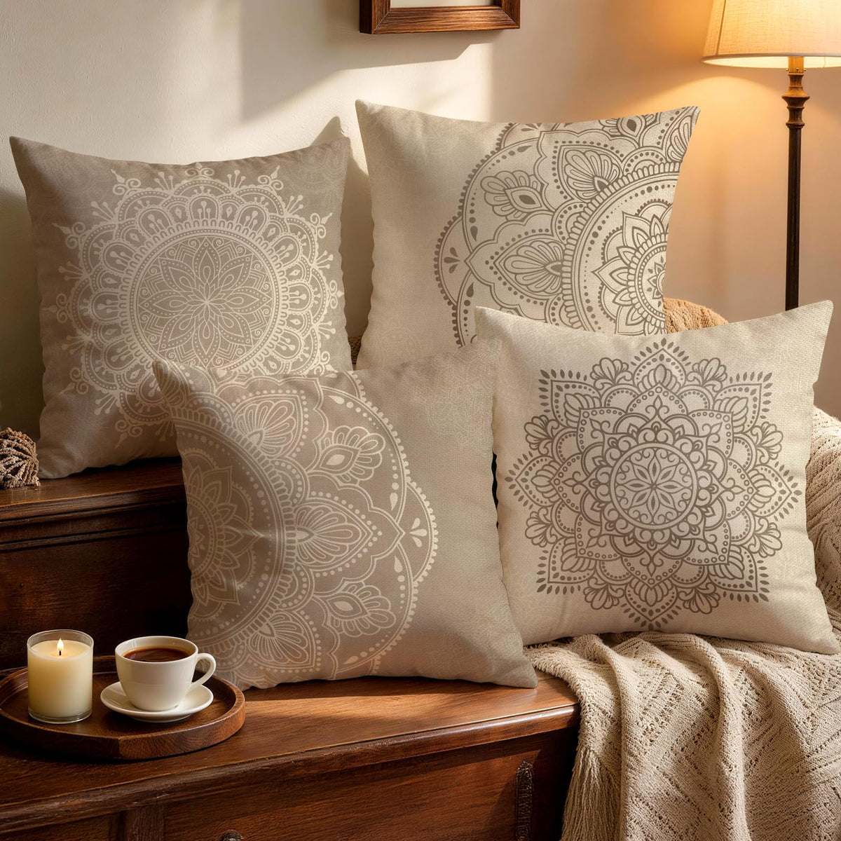 OBSEDE Rustic Neutral Boho Floral Throw Pillow Covers 18x18 Inch Set of 4