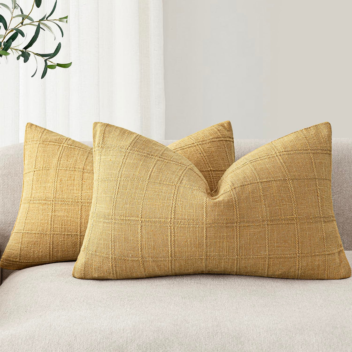 Foindtower Linen Check Decorative Throw Pillow Covers 18×18 Natural Beige