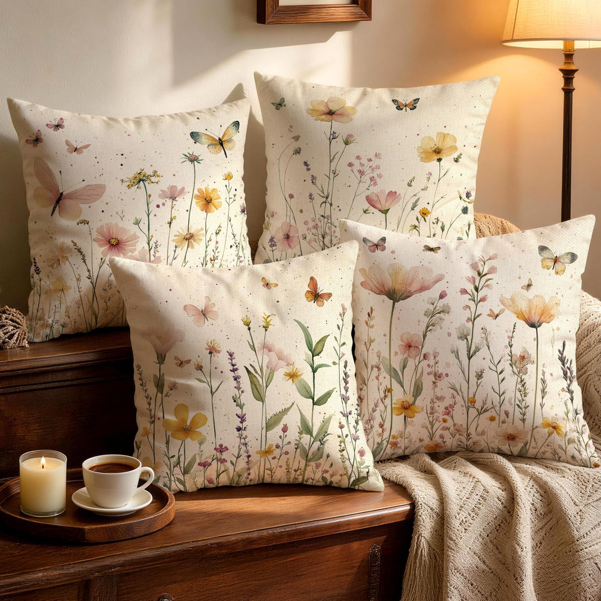 OBSEDE Rustic Neutral Boho Floral Throw Pillow Covers 18x18 Inch Set of 4