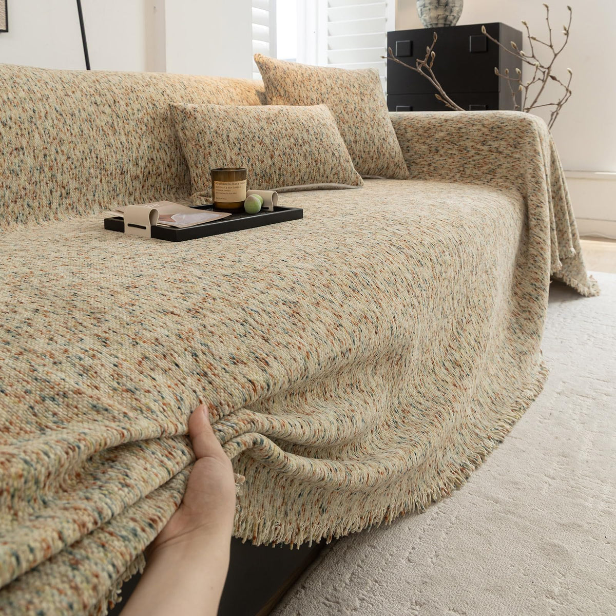 ROOMLIFE Thicked Striped Couch Cover with Tassel Blue Chenille Sofa Cover Blanket for Sectional Sofa, Soft Sofa Slipcovers for L Shaped Love Seat 2-3 Cushion Couch Anti Slip Sofa Protector, 71"x118"
