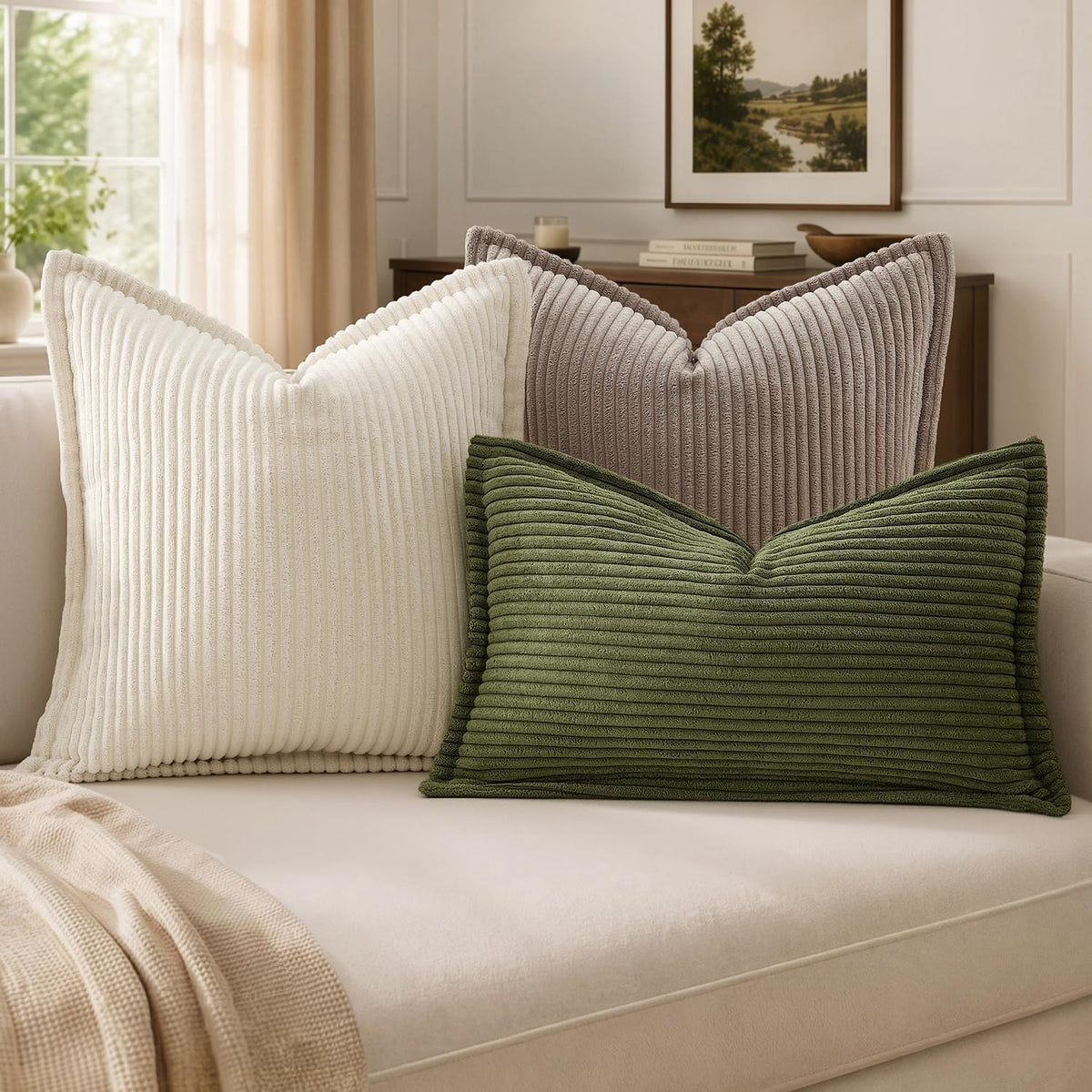 MIULEE Couch Pillow Covers 18x18 Cream White Textured Corduroy
