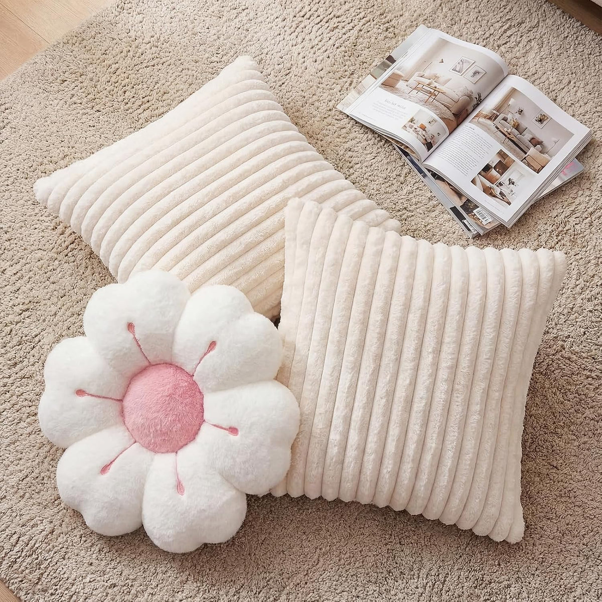 Amyhill Set of 3 Flower Throw Pillow and 18" Plush Cushion Cover Faux Fur, Daisy Home Decorative Pillow 2 Fuzzy Striped Pillowcase Flower Floor Seat Cushion Cover for Sofa Chair Bed(Beige and White)