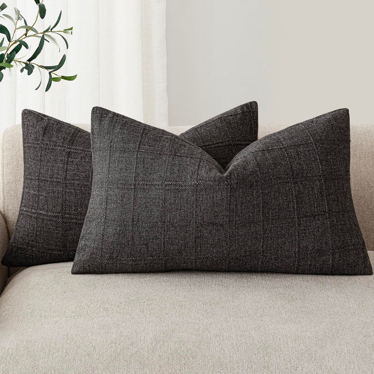 Foindtower Linen Check Decorative Throw Pillow Covers 18×18 Natural Beige