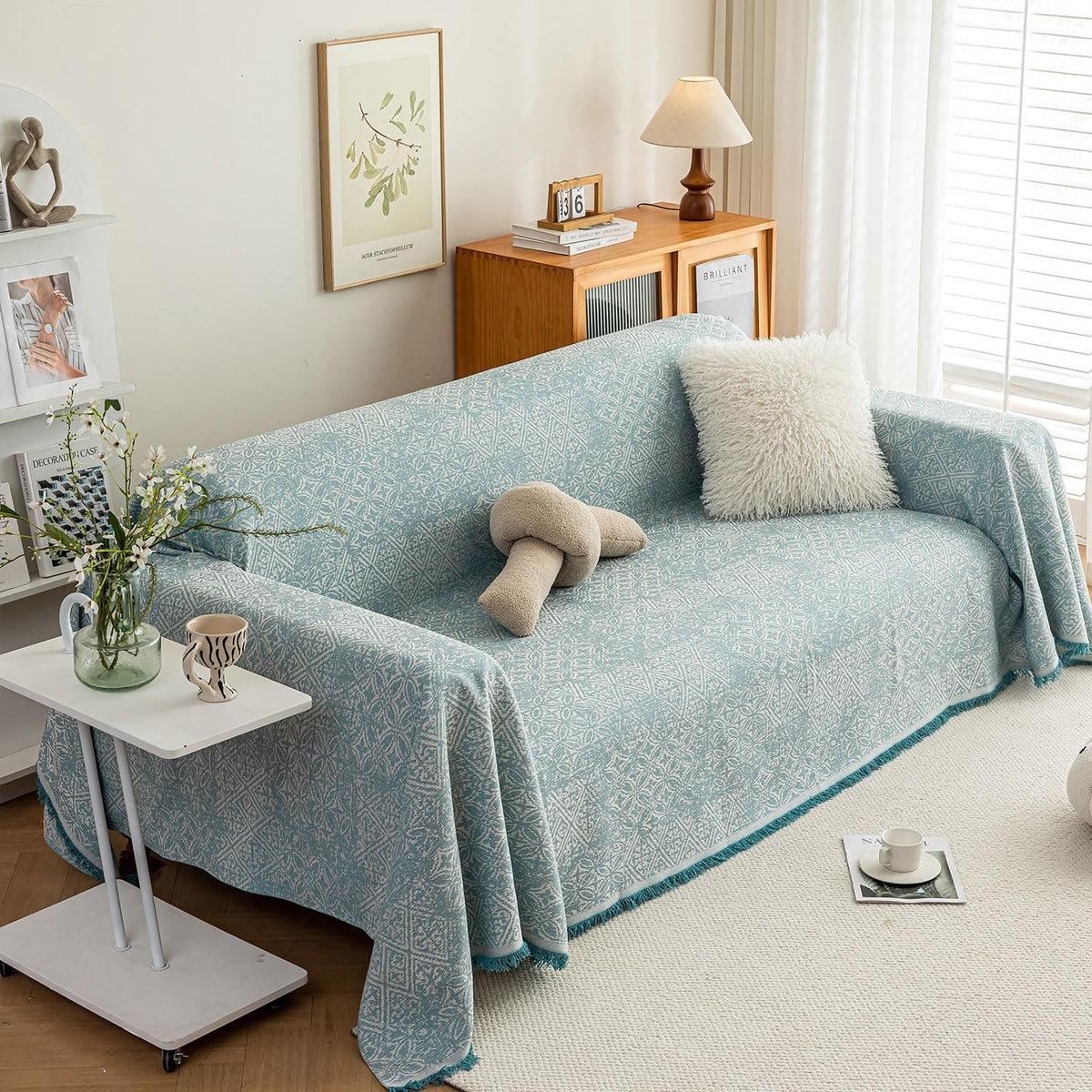 ROOMLIFE Thicked Striped Couch Cover with Tassel Blue Chenille Sofa Cover Blanket for Sectional Sofa, Soft Sofa Slipcovers for L Shaped Love Seat 2-3 Cushion Couch Anti Slip Sofa Protector, 71"x118"