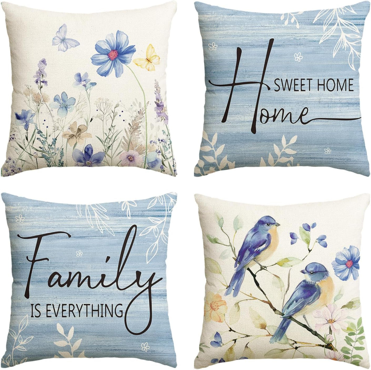 AVOIN colorlife Spring Saying Flowers Butterfly Bird Throw Pillow Covers, 18 x 18 Inch Home Sweet Home Blue Cushion Case for Sofa Couch Set of 4