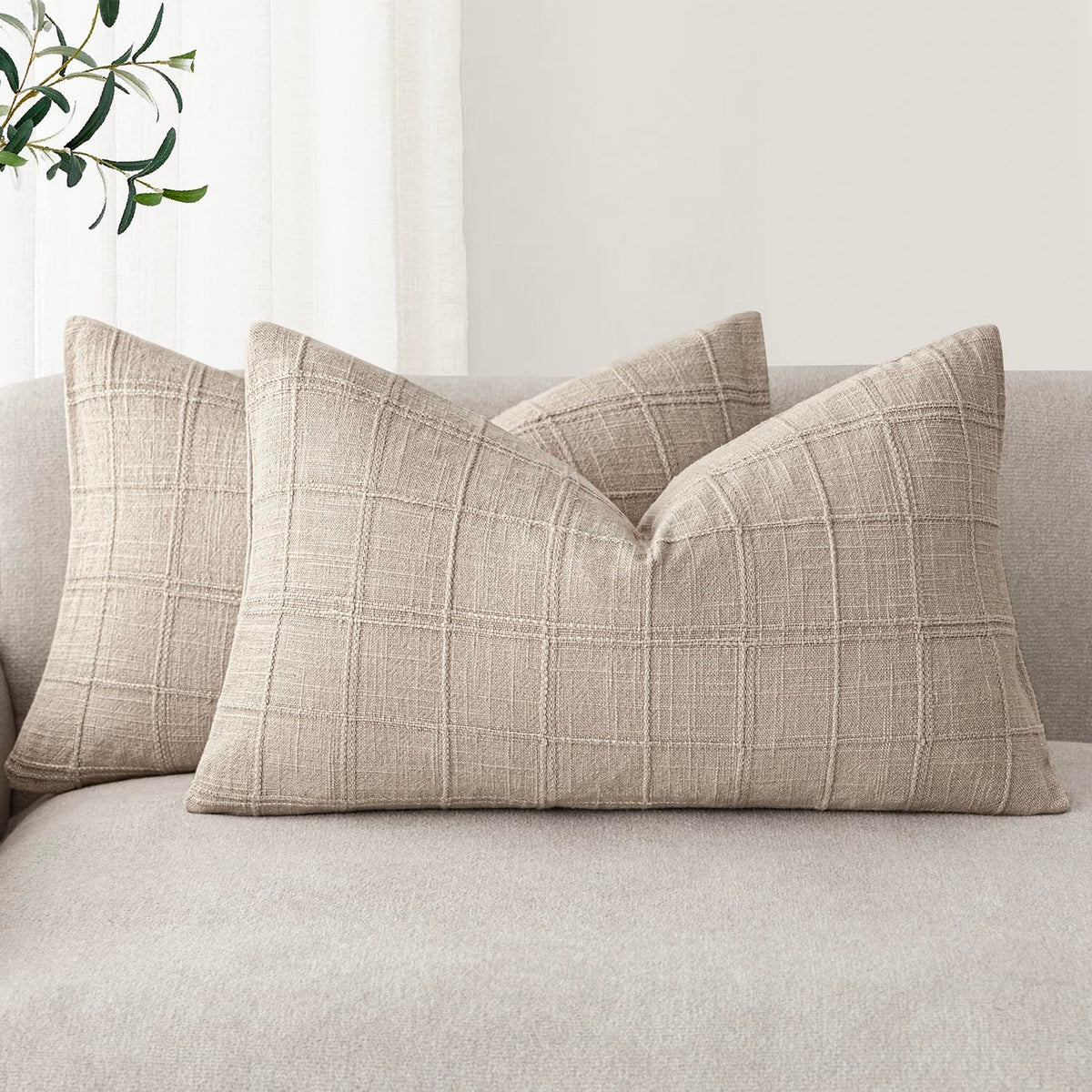 Foindtower Linen Check Decorative Throw Pillow Covers 18×18 Natural Beige