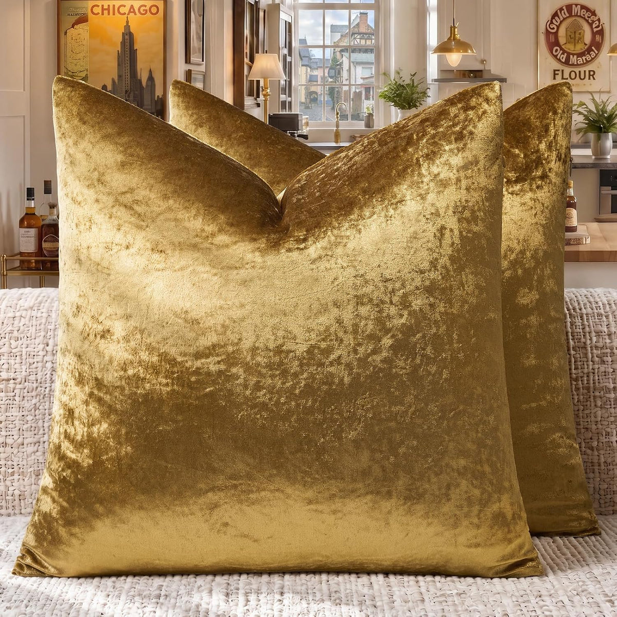 GIGIZAZA Gold Velvet Pillow Covers 18x18 Decorative Pillows Pack of 2
